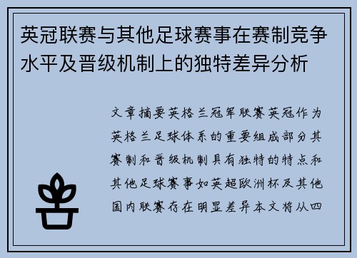 英冠联赛与其他足球赛事在赛制竞争水平及晋级机制上的独特差异分析