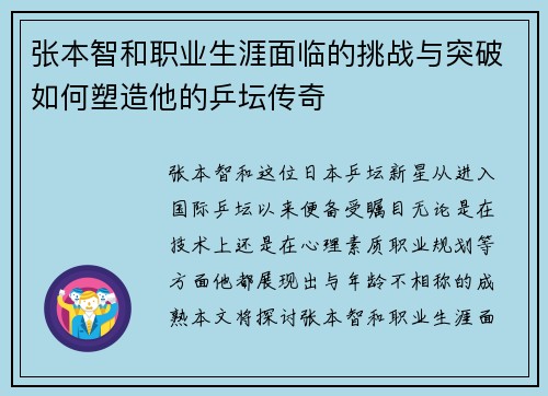 张本智和职业生涯面临的挑战与突破如何塑造他的乒坛传奇